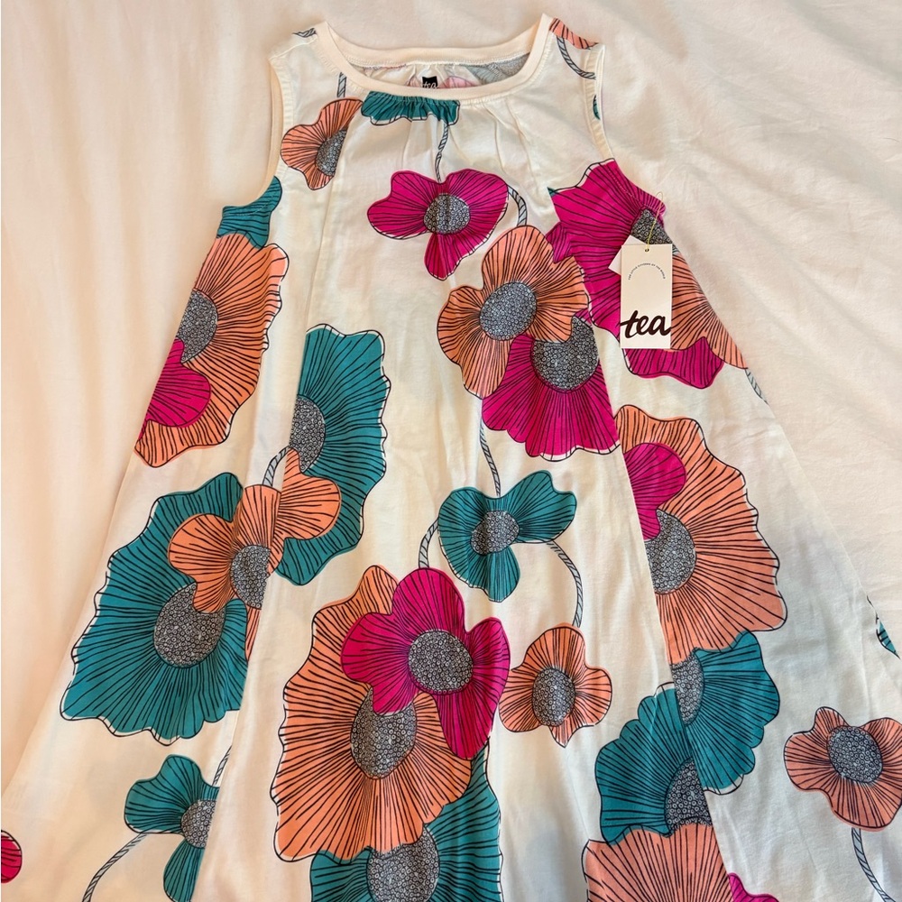 Tea Collection White A-Line Dress with Pink, Teal & Orange Floral Print